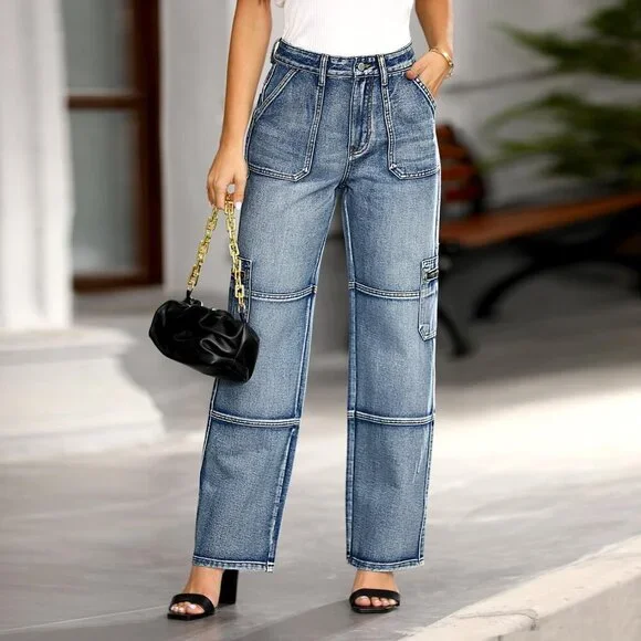 Womens Cargo Jeans High Waisted Wide Leg Cotton Blend Zipper Pockets Trendy - Picture 2 of 6